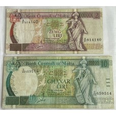 MALTA 1944 . TWO 2 and TEN 10 LIRA BANKNOTES